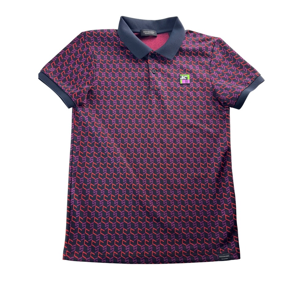 Scotch & Soda Mens Monogram Geometric Polo Shirt Navy Red Purple Sz Small SC K22